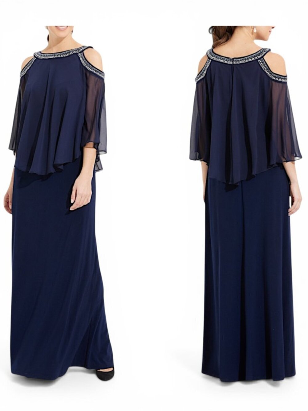 Alex Evenings Cold Shoulder Popover Jersey Chiffon Gown Beaded Neckline NWT 14